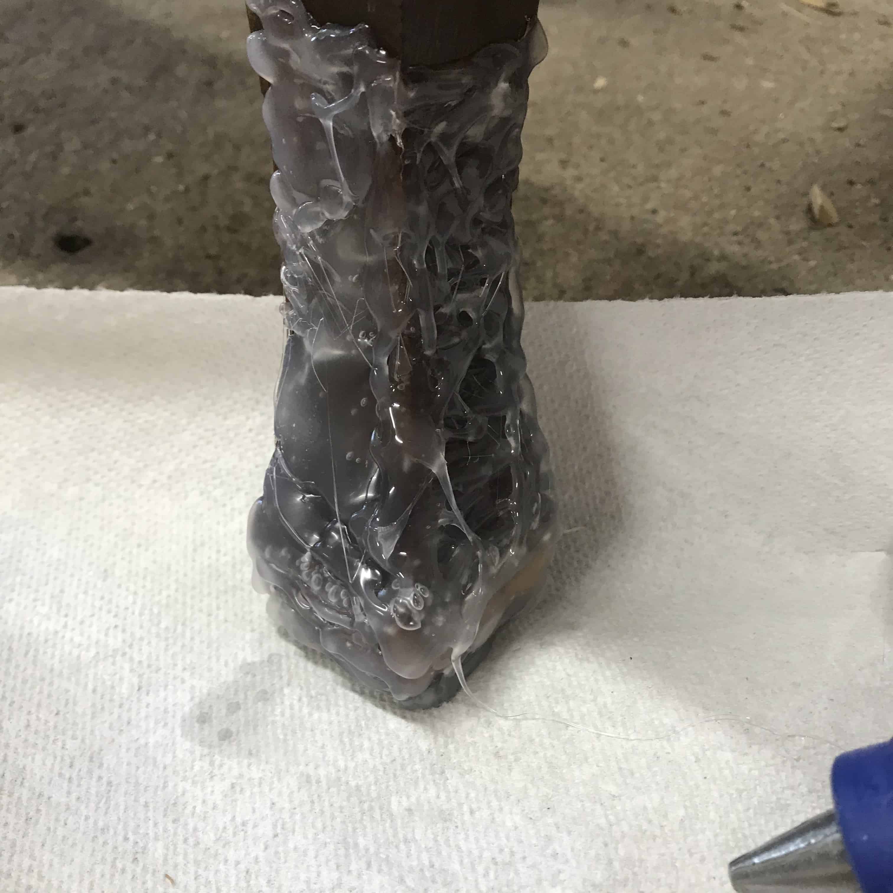 The intact leg covered in glue