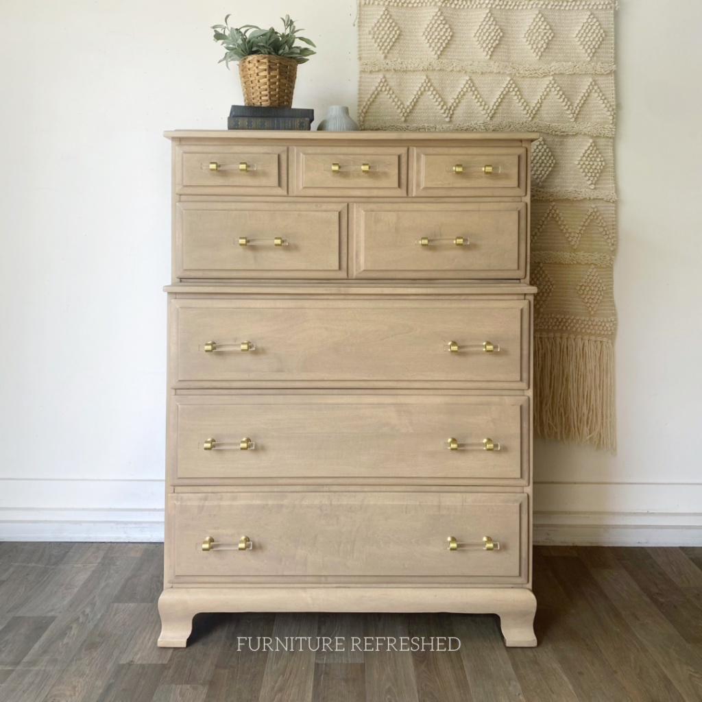 Photo of vintage maple dresser that has been bleached and paint washed for a raw wood finish.