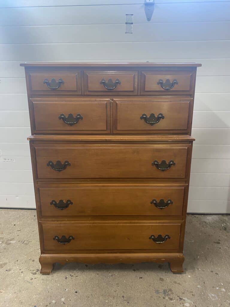 Photo of vintage maple dresser with chippendale hardware.