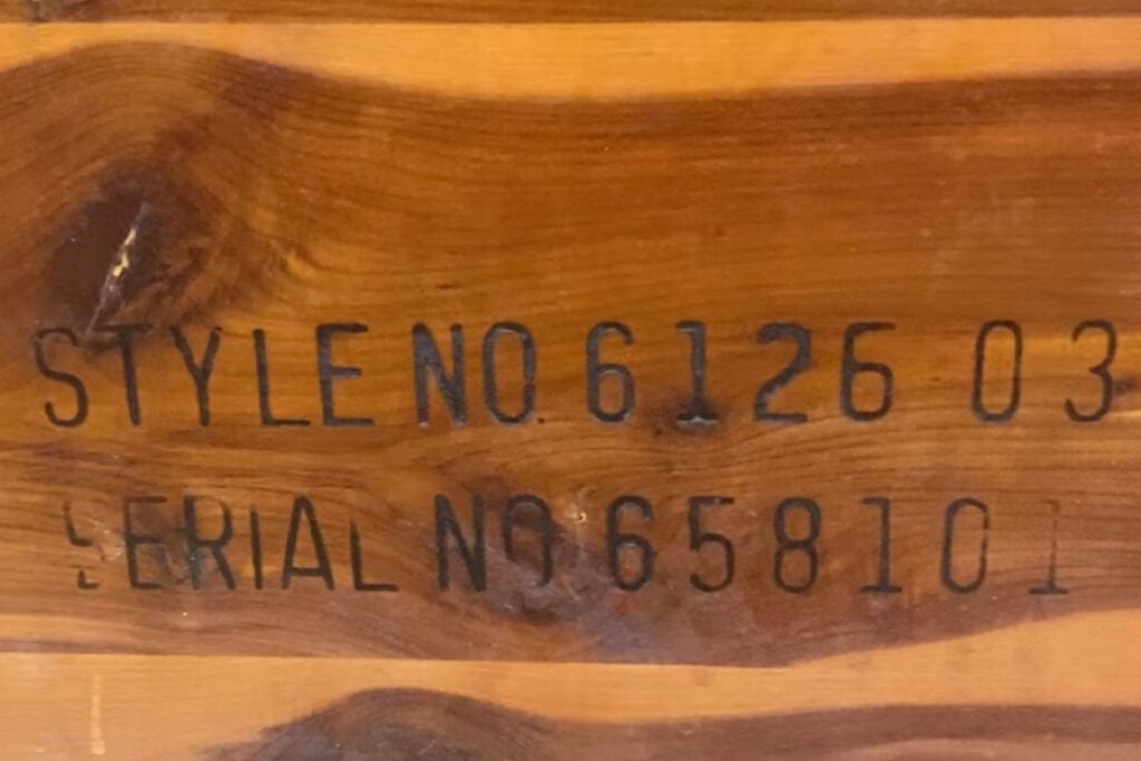 Serial number from a Lane Cedar Chest. You can use this number to date your Lane furniture piece.