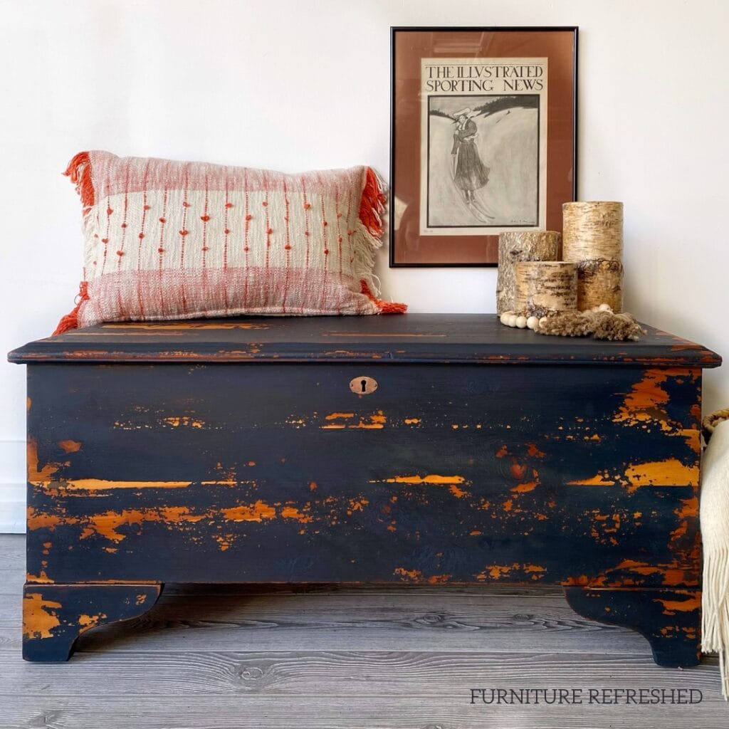 Cedar chest with a navy chippy paint finish