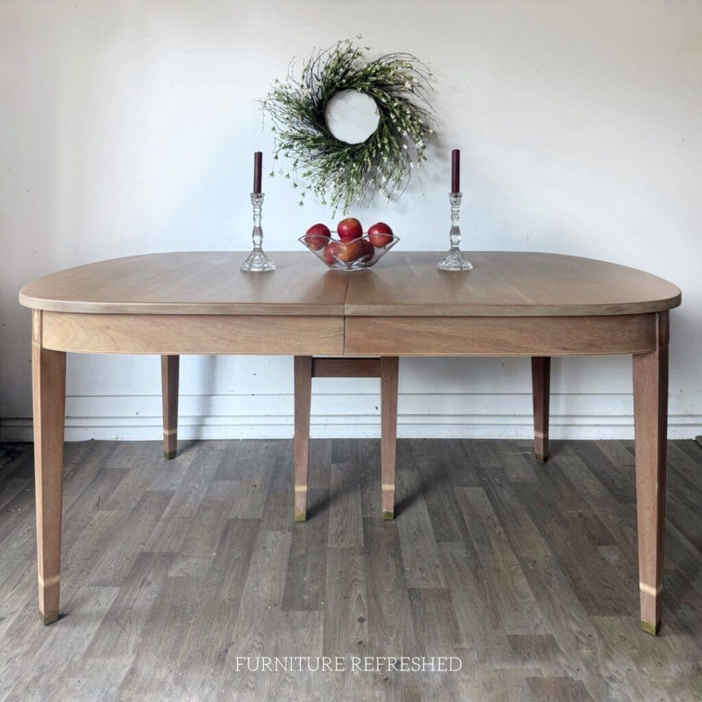 View of completed dining table with light wood finish