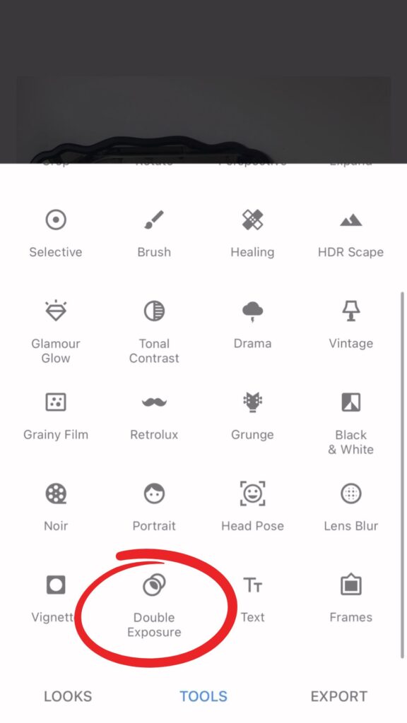 Screen shot of the tools menu with the double exposure tool circled.