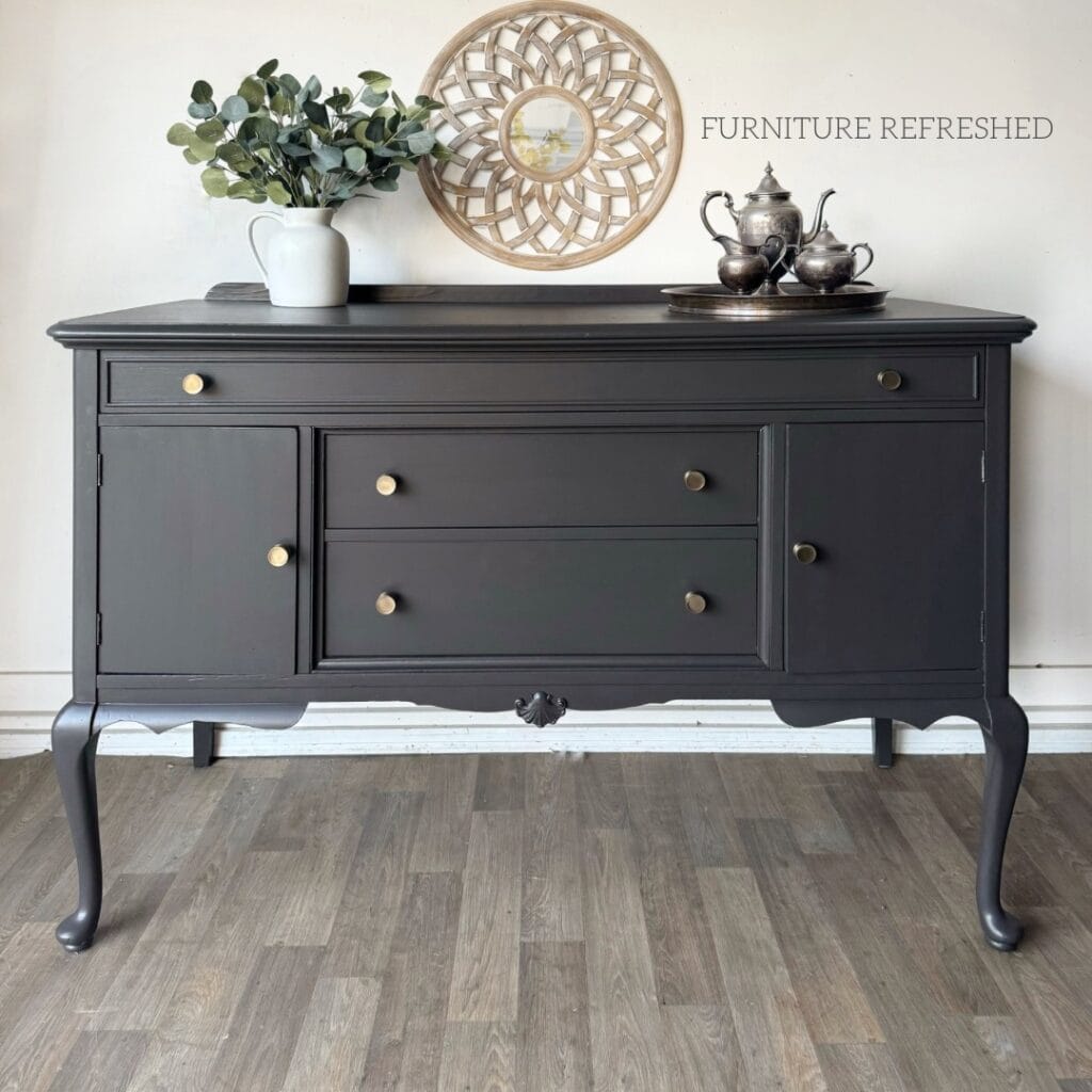 After photo. Buffet with added backsplash and painted gray.