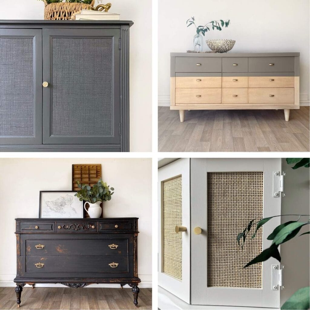 Collage of 4 different photos, all showing furniture painting ideas to add character.  1 - paintable wallpaper, 2 -  dipped paint look, 3 - chippy milk paint, 4 - adding cane webbing.