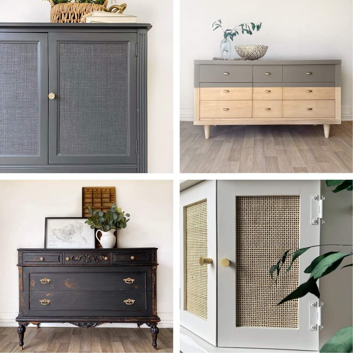 Collage of 4 different photos, all showing furniture painting ideas to add character. 1 - paintable wallpaper, 2 - dipped paint look, 3 - chippy milk paint, 4 - adding cane webbing.