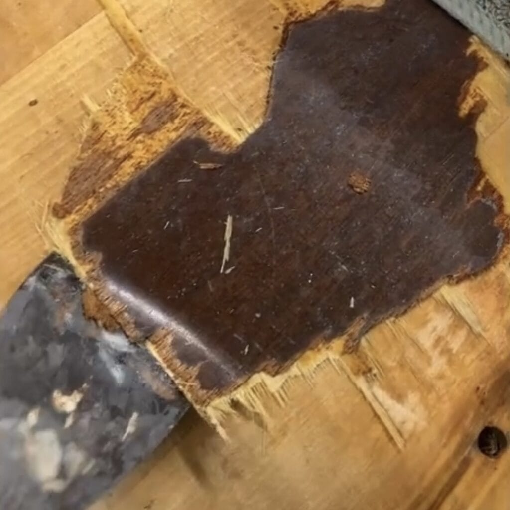 Using a putty knife to peel off the iron-heated veneer.