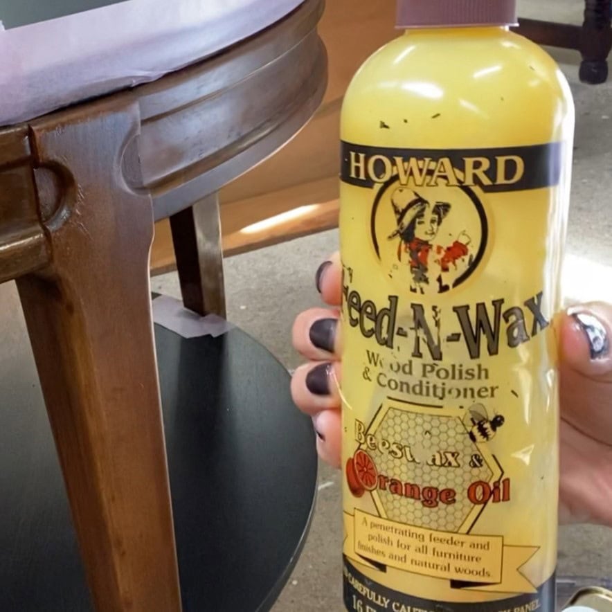 Close up of a bottle of Howard's Feed-N_Wax, used to seal the Restor-A-Finish.