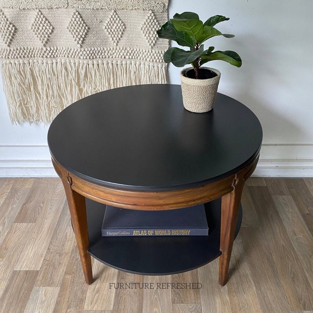 After photo of Lane side table with painted black top and restored wood legs.