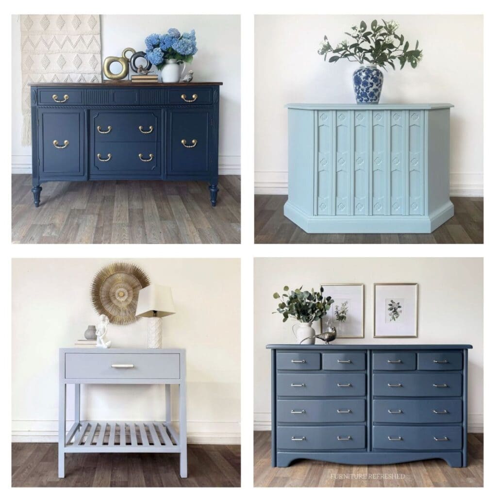 Photo collage of 4 pieces of furniture in various light and dark blue paint colors.