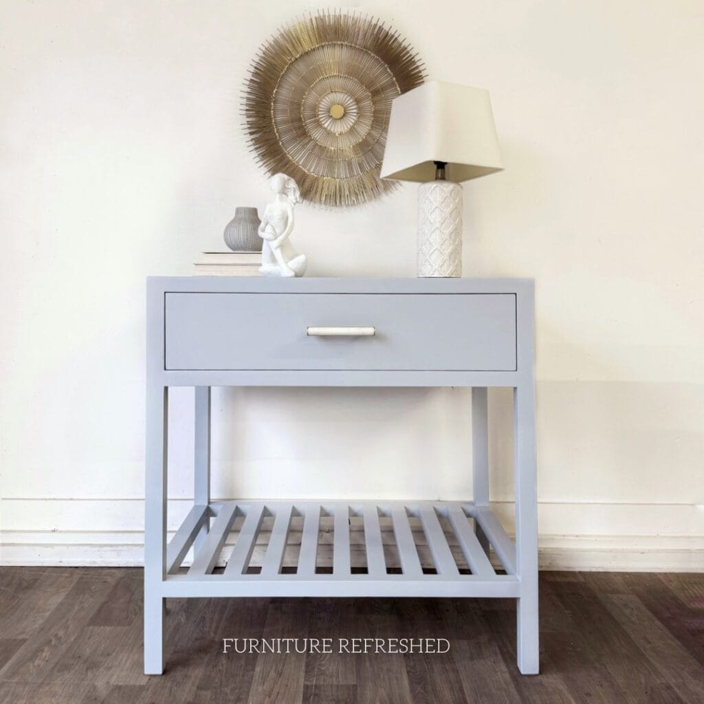 After photo of a light blue painted nightstand.