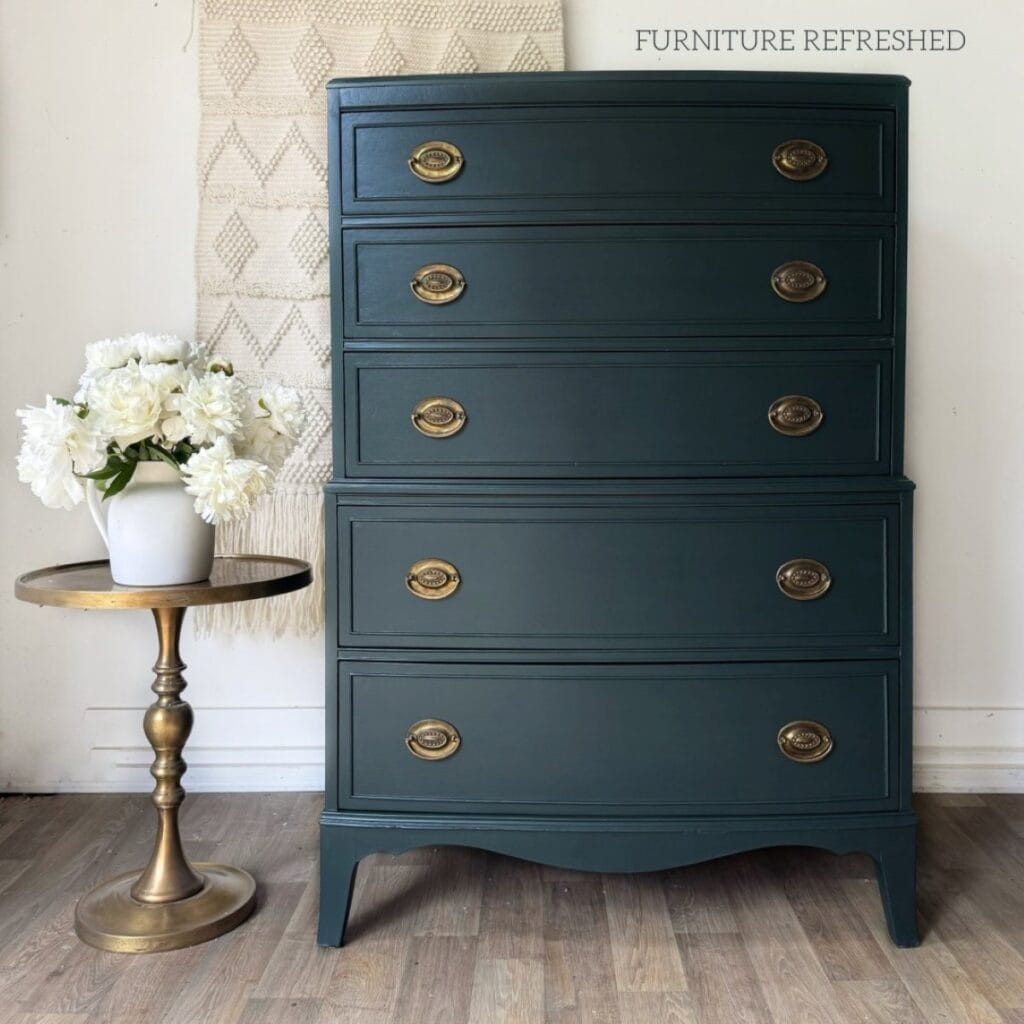 Tallboy Hepplewhite dresser painted in dark green.