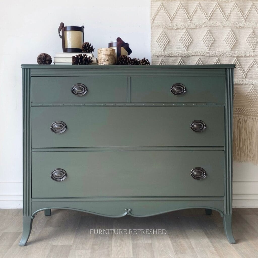 After photo of dresser painted in green with aged hepplewhite hardware